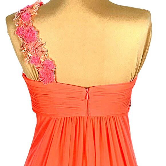 Xscape Asymmetrical Orange and Pink Embellished Gown - Picture 6 of 12